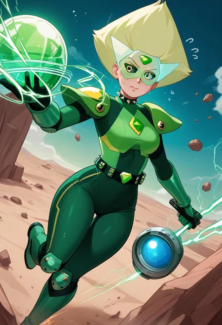 score_9,score_8_up,score_7_up,score_6_up,score_5_up,1girl, front_view,source_anime,dark green armor,/jade),WhiteMold, peridot_(steven_universe),blonde_hair,green_eyes,short hair, score_4_up,symmetrical,dark green bodysuit,jade gemstones, curvy,source_cartoon,(Peridot from Steven Universe),emerald green bracalets,spiked bracalets,black gauntlets,rocket,boots, print rhombus,rhombus_\(symbol\),sci-fi,spaceship on desert background,electric tower,floating soda cans,jade rocks,green sand,(destroyed machine),television,multicolored yellow and green helmet on hand,arm straps,print green diamond,gold belt,gemestones,spiked choker,holding green orb,(electricity), (laser gun),(gun case),(bullet belt),(orbs:1.4),(light green skin),(jewelry:1.4),pale green skin),(armored shoulders),green lights, print emerald,neon ligths,wide hips,thick thighs,(hand signs), perfect hands,knee pads,(motion lines:1.4),(sweat:1.4),(??:1.4), (trembling lines:1.4),(flying sweatdrops:1.4),(illustration),(thick outlines),(black sclera:1.4),visor,knife,mechanical tools,UFOs, masterpiece,best_quality,newest,absurdres,best shadow,light particles,highly detailed background,amazing quality,highly detailed skin,very detailed clothes,power_lines,speed lines, emphasis_lines,very_aesthetic,dynamic_angle,high quality,4k, best shadows,(spoken gem),(crystals),<lora:add-detail-xl:1.5>