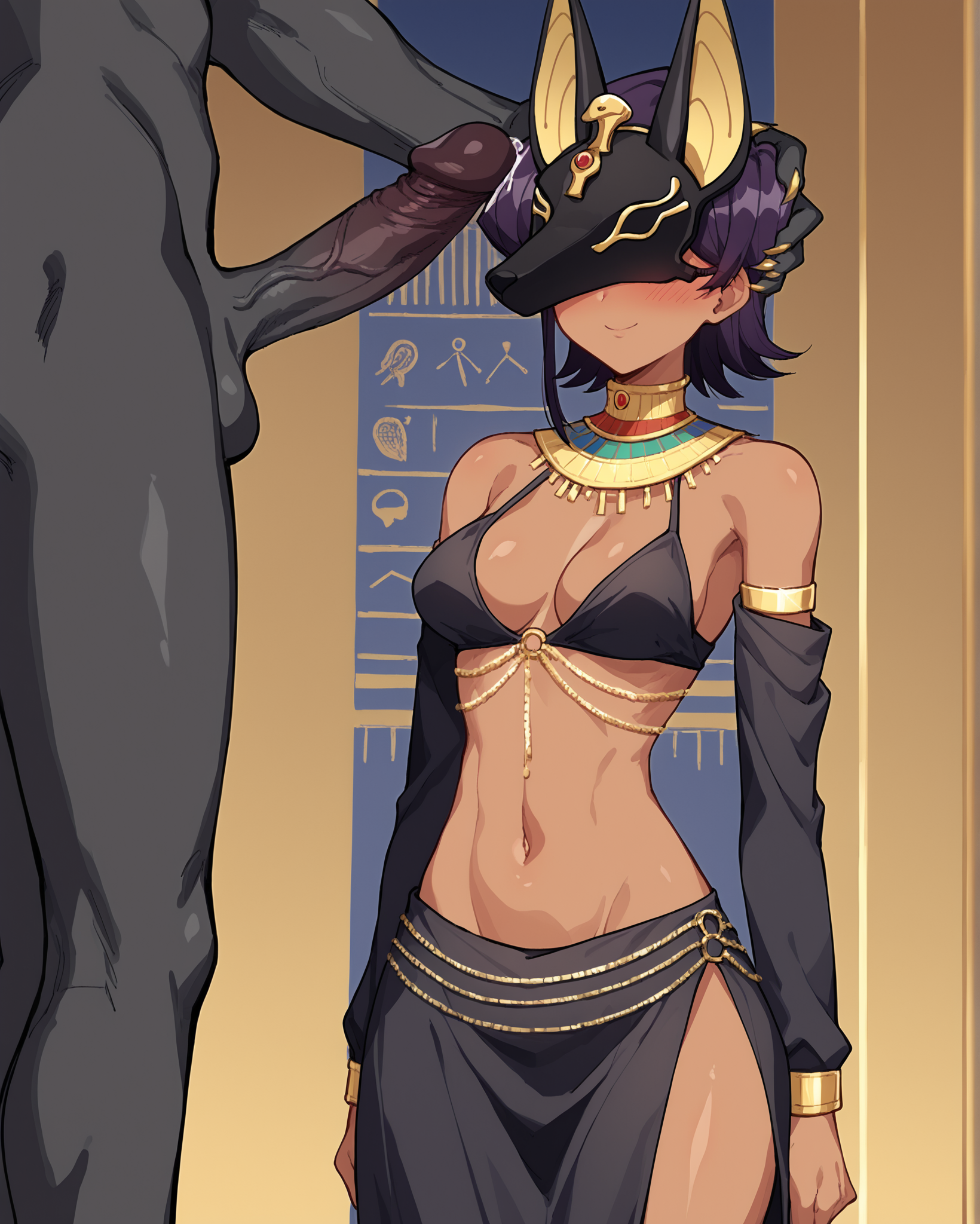 score_9, score_8_up, score_7_up, source_anime BREAK 1girl, Komi Shuuko, purple hair, short hair, blush, smile, tanned skin, gold collar, gold chain, medium breasts, perky breasts, cleavage, seductive, temptress, ((anubis mask)), mask, Egyptian, <lora:Anubis_mask:1>, eyes covered by mask, soft glow, erotic, <lora:Height_Difference_Pose:0.4>, height difference pose, size difference, 1boy, unseen male face, Anubis unseen face, male coal black skin, large penis, hand on another's head, Egyptian god, standing, navel, throne room, bare shoulders, precum, rating_questionable