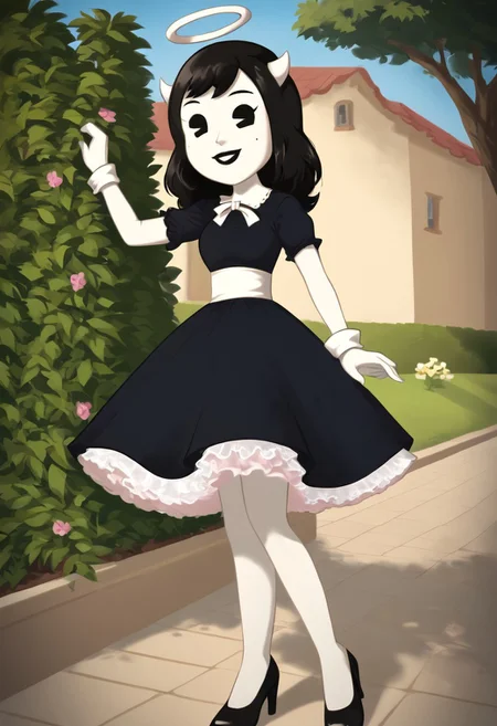 (Masterpiece, best quality:1.2), score_9, score_8_up, flat color, flat shading, soft shading, lighting, Alice Angel in a 1950's dress, a fluffy frilly ruffled full petticoat, and high heels, dress, layered petticoat, frilly petticoat, fluffy petticoat, full petticoat, wide dress, flowing dress, solid colored skirt, short sleeves, black hair, Bendy and The Ink Machine, series accurate, cute, best high quality, high res, black lips, white colored skin, whole body shot, 1girl, solo, outside, standing straight, in a garden, cute, adorable, smile, skirt tug, ground level angle, low upward angle, cartoon, cartoon style, vector, solo, circle dress, 1950s, alice angel