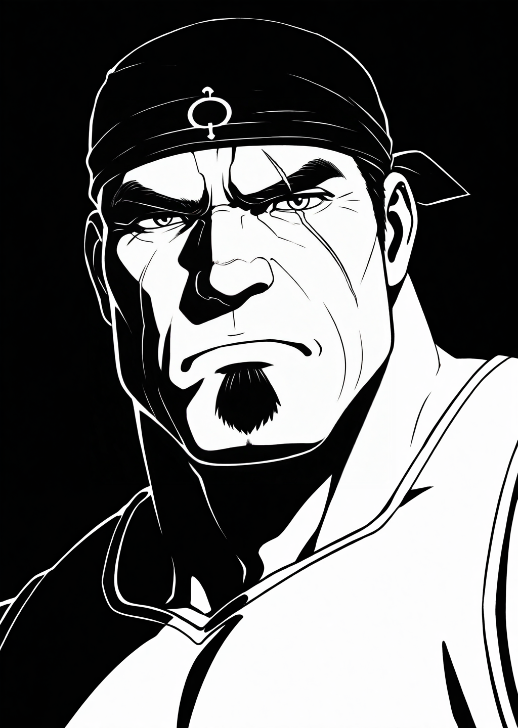 <lora:OG_Marcus_Fenix_IL:1> 1man, mature male, male focus, solo, ogmarcusfenix, sleeveless t-shirt, black bandana, (bara, muscular:1.2), goatee, facial scar,  wrinkles, close up shot, black background, (((black and white, monochrome, high contrast, thick lineart))), pose, looking at viewer, grumpy