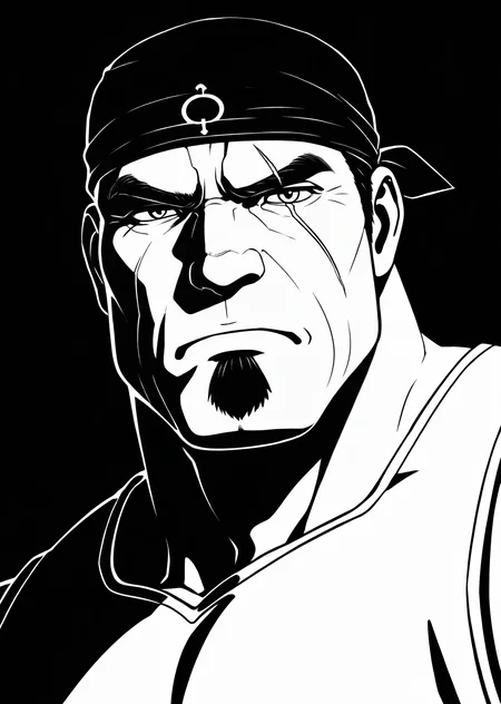 <lora:OG_Marcus_Fenix_IL:1> 1man, mature male, male focus, solo, ogmarcusfenix, sleeveless t-shirt, black bandana, (bara, muscular:1.2), goatee, facial scar,  wrinkles, close up shot, black background, (((black and white, monochrome, high contrast, thick lineart))), pose, looking at viewer, grumpy