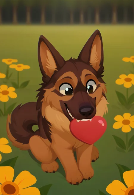 score_9, score_8_up, score_7_up, bokeh, flat colors, lineless, vector art, vector graphics, z0nkp4nch, cute, feral, male, canine, german shepherd, happy, fluffy, sitting, flower field, holding heart in mouth, teeth, from above,