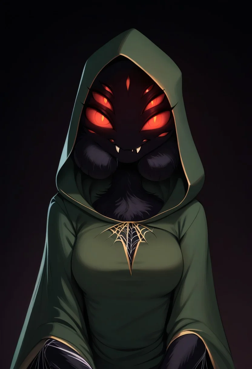 score_9, score_8_up, score_7_up, highres, high quality, perfection,
BREAK
1girl, (solo: 2.0), girl alone, front view, portrait, dark background,
BREAK
furry female, arachnid girl, spider girl, (anthro spider girl: 1.2), beautiful girl, cute girl, adult, 20 years old, detailed body, detailed fur, (black fur: 1.2), fluffy, one-tone fur, shapely girl, (slim body: 1.2), petite body, (bald_girl: 1.2), (baldness: 2.0), detailed face, beautiful face, eyelashes, (red eyes: 1.2), extra eyes, 6 eyes, lot of eyes, (glowing eyes: 1.2), perfect eyes, detailed eyes, (fangs: 1.2), mandibles, medium breasts, extra arms, 4 arms, 6 arms,
clothed, dark-green cloak, hooded cloak, hood on,
standing, posing, looking at viewer,
BREAK
web, spider web everywhere,