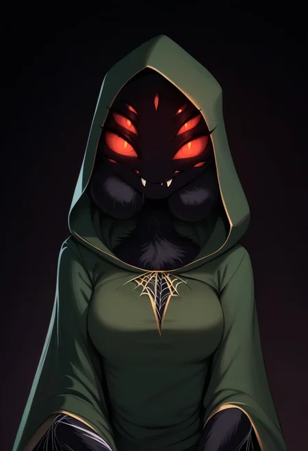 score_9, score_8_up, score_7_up, highres, high quality, perfection,
BREAK
1girl, (solo: 2.0), girl alone, front view, portrait, dark background,
BREAK
furry female, arachnid girl, spider girl, (anthro spider girl: 1.2), beautiful girl, cute girl, adult, 20 years old, detailed body, detailed fur, (black fur: 1.2), fluffy, one-tone fur, shapely girl, (slim body: 1.2), petite body, (bald_girl: 1.2), (baldness: 2.0), detailed face, beautiful face, eyelashes, (red eyes: 1.2), extra eyes, 6 eyes, lot of eyes, (glowing eyes: 1.2), perfect eyes, detailed eyes, (fangs: 1.2), mandibles, medium breasts, extra arms, 4 arms, 6 arms,
clothed, dark-green cloak, hooded cloak, hood on,
standing, posing, looking at viewer,
BREAK
web, spider web everywhere,