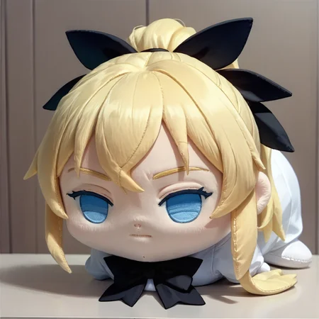 score_9, score_8_up, score_7_up, source_anime, 1girl, solo, <lora:NSLillyKatawa:1> NSLillyBase, blue eyes, blind, no pupils, blonde hair, long hair, ponytail, black hair ribbon, black bowtie, white collared shirt, puffy sleeves, <lora:hauntedBeanPlushieThatWill_v10:1> haunted bean plushie