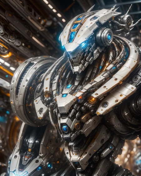 full_body, 1man, mecha, glowing blue eyes, cute, biomechanical, complex robot, interior spaceship background in bokeh, hyper realistic, hyper detailed, intricate, insane fine details, crisp focus  <lora:compb0t:0.8>