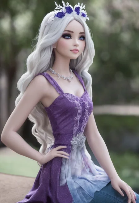 Expressiveh, (Masterpiece, best quality:1.8), score_9, score_9_up, solo, , soft shading, strong lighting, (anatomically correct), best high quality, high res, jewelry, cute, beautiful, (ultra realistic,32k, masterpiece:1.2),(high detailed skin:1.1),( high quality:1.1, (moody lighting:1.1), sexy, 1girl, crystalwinter, show accurate, ever after high, 30 years old, full body visible, seductive pose, jewelry, seductive look, smiling, face focus, long hair, hair ornament, wavy hair, messy hair,  breasts,  white hair, wavy hair, very long hair with multicolored highlights, (white purple cyan streaks),, black tanktop, straps, cleavage, sleeveless, denim shorts, feet visible, black pantyhose, pantyhose, barefeet, irl, realistic style, sitting, park background, NSFW, BadDream,  irl, photorealistic, uncanny valley