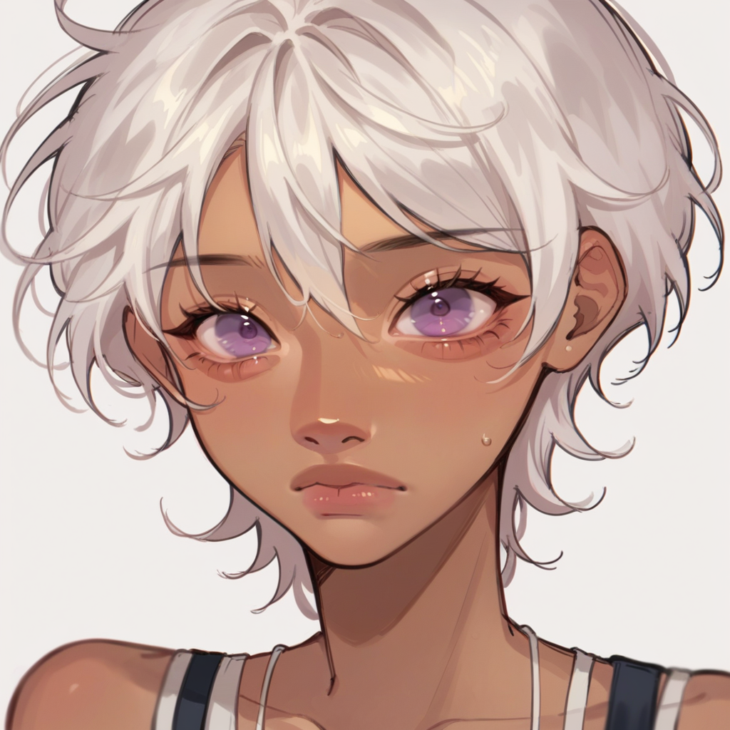 score_9, score_8_up, score_7_up, score_6_up, source_anime, BREAK
<lora:jelly_v0.5-pony:1.0> 
1girl, short hair, white hair, tan, purple eyes,