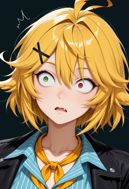 masterpiece, best quality, 1girl, solo, D0kiDef, heterochromia, green eye, red eye, blonde hair, short hair, spiky hair, x hair ornament, skin fang, yellow neckerchief, blue shirt, striped shirt, black jacket, collared shirt, collarbone, portrait, looking to the side, surprised, frown, wide-eyed, shocked, parted lips, constricted pupils, simple background, <lora:ChamDokibirdNoob:1>