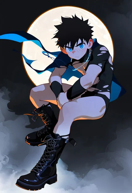 masterpiece, best quality, amazing quality, very aesthetic, absurdres, newest, 1boy, male focus, 21 years  old,  full body, head to toe, dynamic pose, blue eyes, eyeshd, torn suit, black speedo, knee high lace up boots, necklace, highly detailed eyes, from the side,  confident, serious, abstract background, dark, light, fog, masterpiece, best quality, amazing quality, very aesthetic, absurdres, newest, volumetric lighting,
 freckles, muscular, <lora:Bree_Style:0.65> breeze_style, breeze style,  beitemian style, no-lineart style, big eye background,