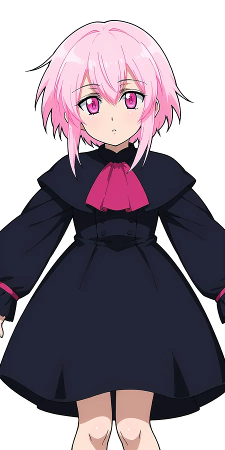 <lora:Artemis_(Tsukuyomi)-000049:0.8>,artemis_(moon phase),pink hair,pink eyes,black dress,white background,