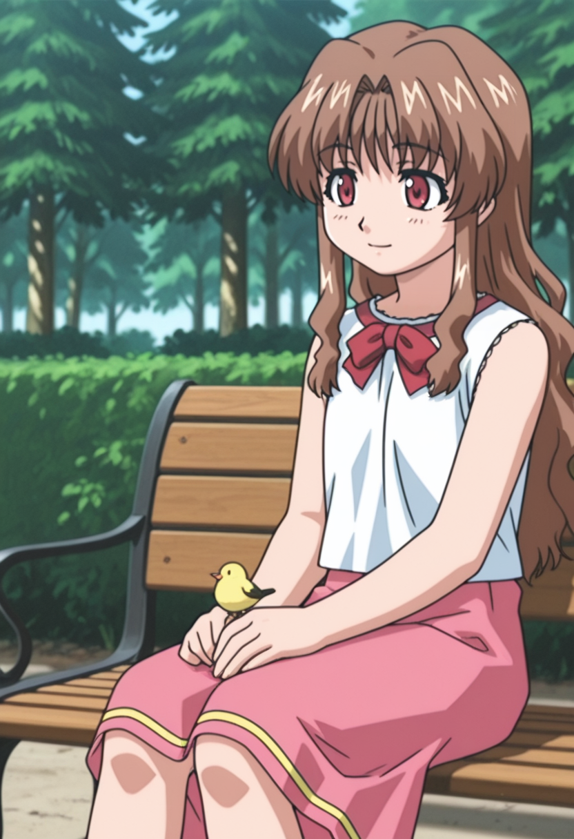 <lora:dmd2fast_sdxl_4step_lora_fp16:0.8>  feet out of frame, <lora:Morino_Ichigo_Illust:0.9> morino_ichigo, 1girl, solo, onegai teacher, long hair, brown hair, wavy hair, red eyes, ||, anime screencap, || , white shirt, bow, long pink skirt, sleeveless, sitting, park bench, bird feeding, happy, lake background, trees