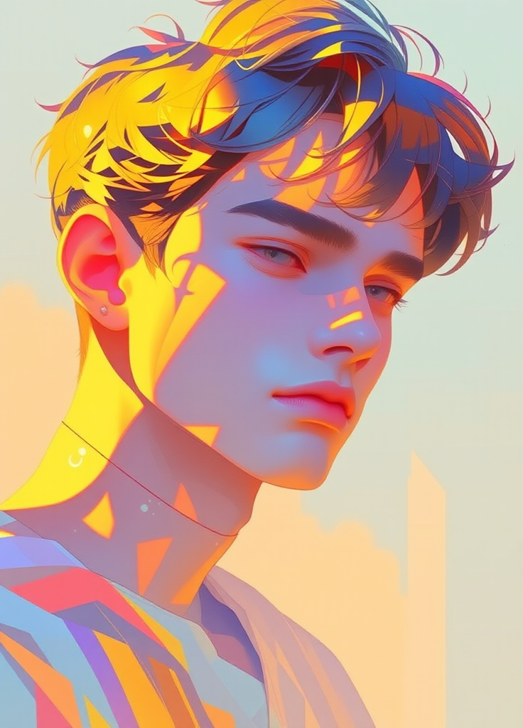 A charming man portrait, 

a digital semi-realistic image.

it is a vibrant, dreamy, whimsical and clear masterpiece full of details and high quality creating a serene and peaceful scene with ethereal light.
