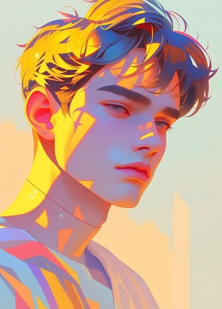 A charming man portrait,
a digital semi-realistic image.
it is a vibrant, dreamy, whimsical and clear masterpiece full of details and high quality creating a serene and peaceful scene with ethereal light.