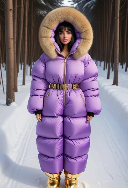 ((((puffer padded jacket)))), ((((puffer padded coat)))), ((((full body)))), ((((fur boots)))), ((((puffer pants)))), ((((puffer hood up)))), winter, snow, forest, 1girl, solo, (masterpiece), detailed face, detailed eyes, (beautiful detailed eyes:1.5), sidelighting, (super detail, hyper detail, intricate_details, detailed), (semi realistic:1.6), (Bob cut), blunt bangs,(black hair), (purple eyes, eyelashs), tanned skin, smug smile, angry face, Golden jewelery, golden rings, golden necklace, golden armlets, golden chains, padded cuffs, padded collar, Thick padded cuffs, Thick padded collar, <lora:Collar-SDXL:0.6>, <lora:Cuffs-SDXL:0.6>, <lora:Puffer_Jacket_and_Down_Jacket_-_Extra_Puffy_Jackets:0.4>, <lora:snowpants_v1:0.4>