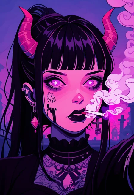 score_9, score_8_up, score_7_up, score_6_up,1girl
hinata hyuga, black hair, long hair, fringe cut, ponytail hairstyle, purple eyes, soni horn, link horns,
pastel paint, vamp style, taking a selfie, detailed, near to the sea, up a bridge, goth clothes, goth dress, cross earrings, fangs, jewel eyes,cold tones,
goth core, vamp goth, goth style, black dress, lollita dress, smoking a cigarette, cigarette in mouth, melting, vapor, smoke, glitch, horror (theme), glowing, zPDXL2, smoke from eyes, red smoke, horror in the smoke, evil faces, horror, faces in the smoke, evil faces in the smoke, demons in the smoke
standing, detailed eyes, beautyfull face,
outdoor,
