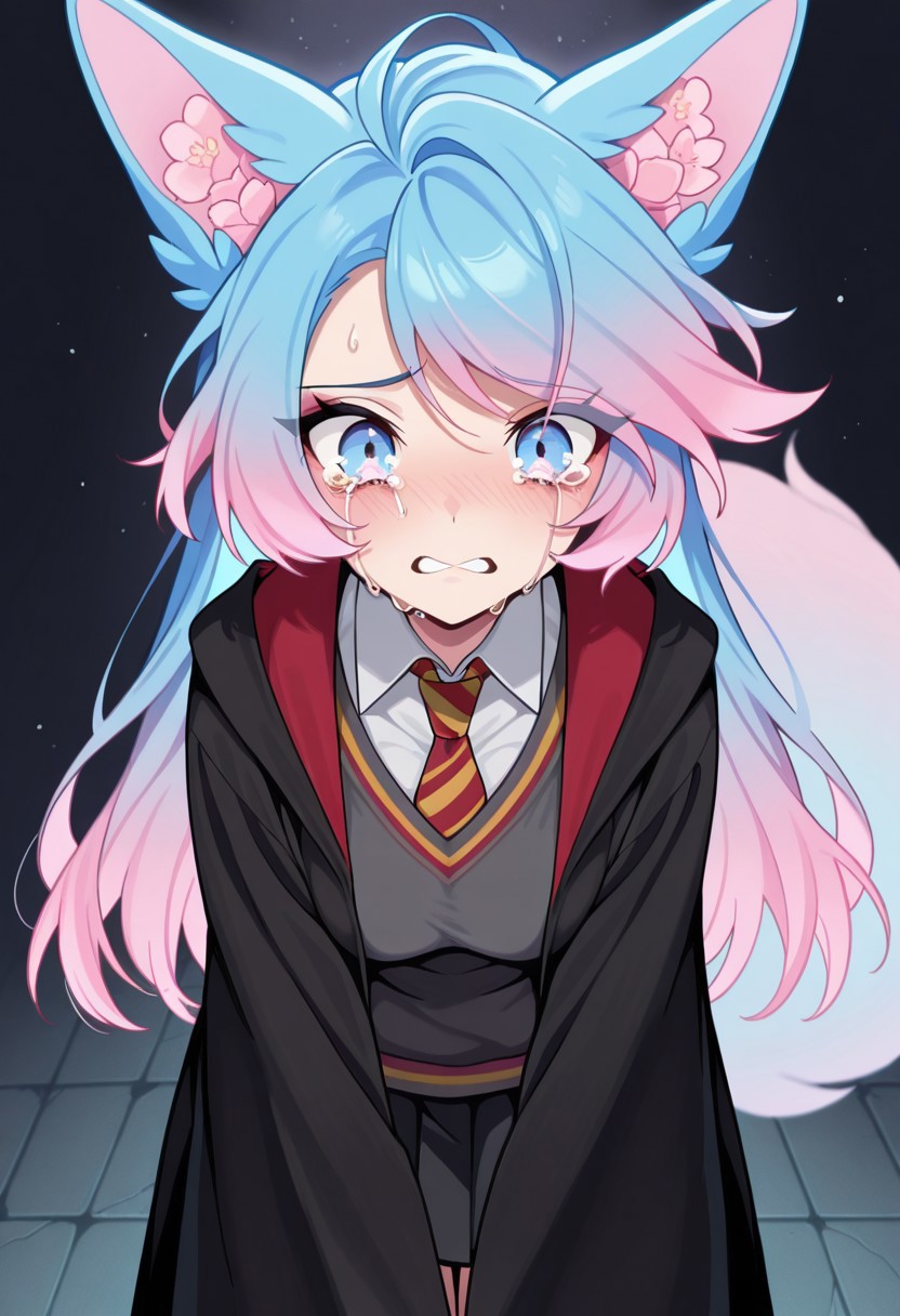 masterpiece, best quality, amazing quality, <lora:hogwarts-uniform-illustriousxl-lora-nochekaiser:1>, hogwarts uniform, gryffindor, black robe, necktie, striped necktie, collared shirt, sweater, pleated skirt, grey sweater, silvervale, fox ears, tail, gradient hair, multicolored hair, blue hair, pink hair, blue eyes, crying, solo