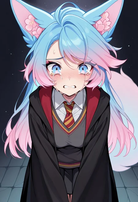 masterpiece, best quality, amazing quality, <lora:hogwarts-uniform-illustriousxl-lora-nochekaiser:1>, hogwarts uniform, gryffindor, black robe, necktie, striped necktie, collared shirt, sweater, pleated skirt, grey sweater, silvervale, fox ears, tail, gradient hair, multicolored hair, blue hair, pink hair, blue eyes, crying, solo