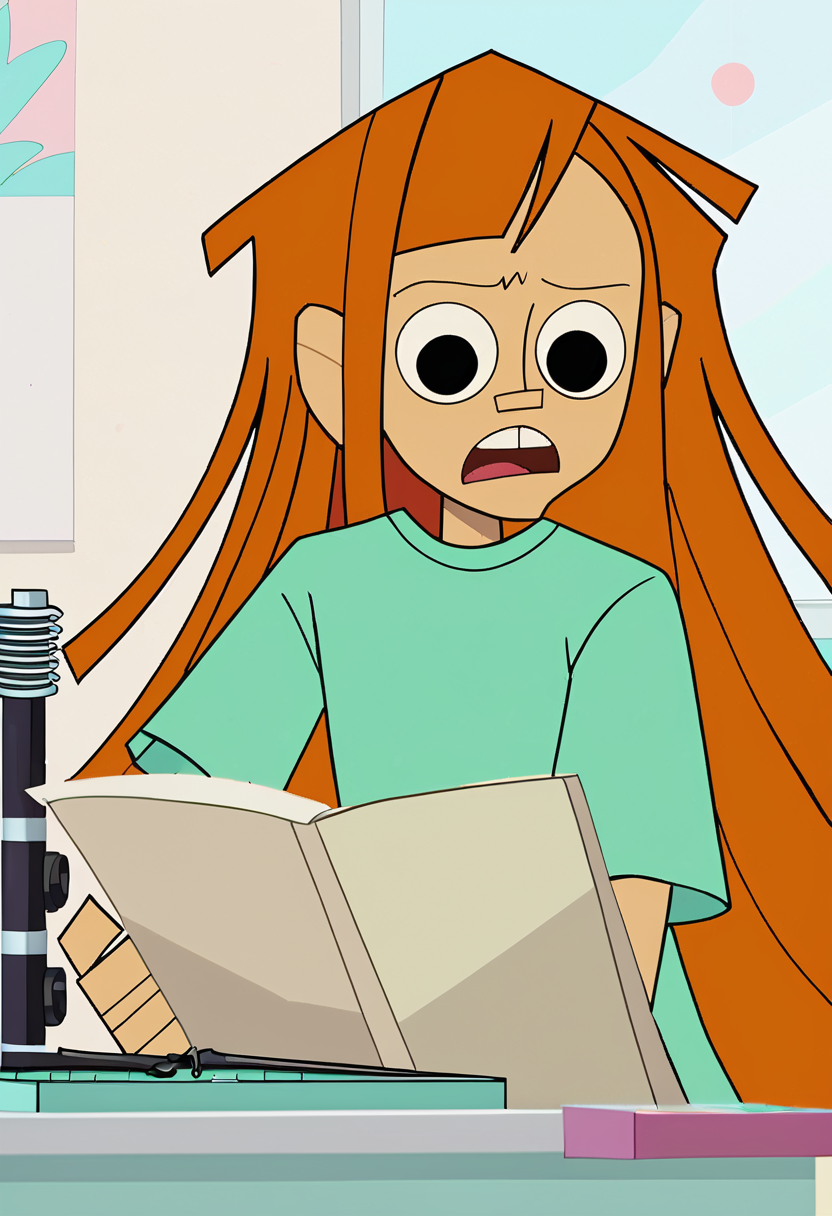 <lora:TwelveForever_Reggie_Pony:1.1>, reggie \(regular\), open mouth, reggie, twelve forever, 1girl, solo, orange hair, long hair, black eyes, bangs, conservatory, masterpiece, best quality, score_9, score_8_up, score_7_up