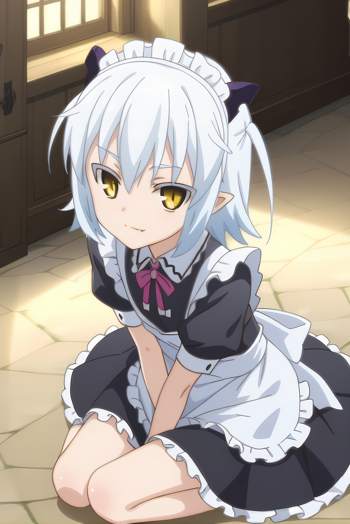 (maid apron), mt-shiroyasha, white hair, yellow eyes, short horns, 1girl, solo, skinny, feet, (score_9, score_8, score_7), source_anime, lewd, (castle), (1.3::full body|sitting|standing|lying|0.6::close-up| :1.20), <lora:mt-shiroyasha-V01-000003:0.90>