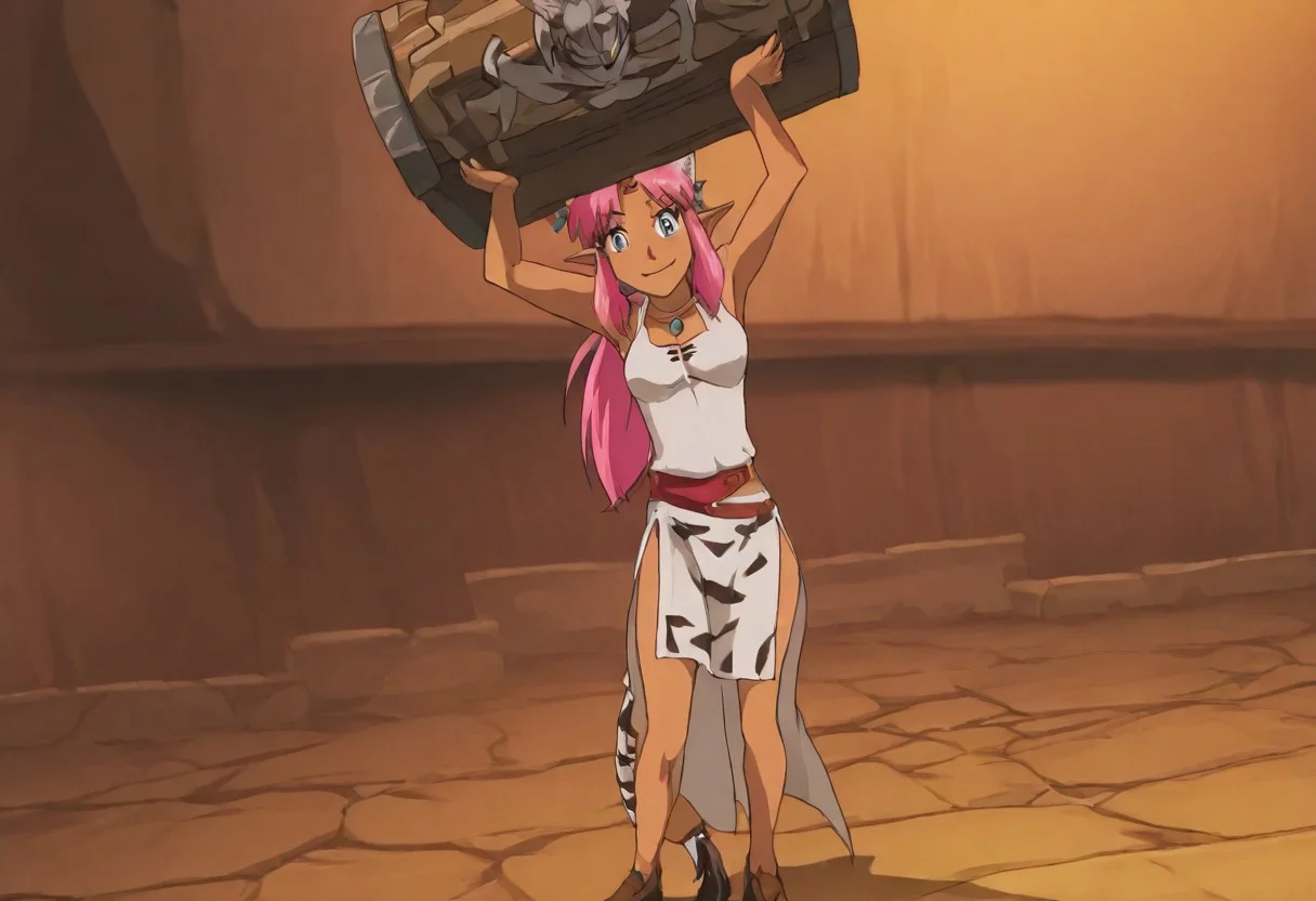 Pink_DragonPink, 1girl, sleeveless dress, white tiger print dress, pelvic curtain, cleavage, white tiger tail, red sash, small breasts, leather shoes, masterpiece, very aesthetic, smiling wide, <lora:pink-illustrious:1>,
Break
1boy,Anime screencap,link (zelda),blonde hair,blue eyes,pointy ears, low ponytail, sidelocks, wearing blue hyilian tunic,
Break
Hyrule dungeon interior, super_strength, pink_dragonpink holding a treasure chest, over head, hands up, over her head like an item