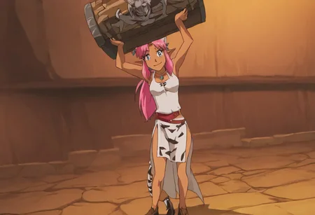 Pink_DragonPink, 1girl, sleeveless dress, white tiger print dress, pelvic curtain, cleavage, white tiger tail, red sash, small breasts, leather shoes, masterpiece, very aesthetic, smiling wide, <lora:pink-illustrious:1>,
Break
1boy,Anime screencap,link (zelda),blonde hair,blue eyes,pointy ears, low ponytail, sidelocks, wearing blue hyilian tunic,
Break
Hyrule dungeon interior, super_strength, pink_dragonpink holding a treasure chest, over head, hands up, over her head like an item