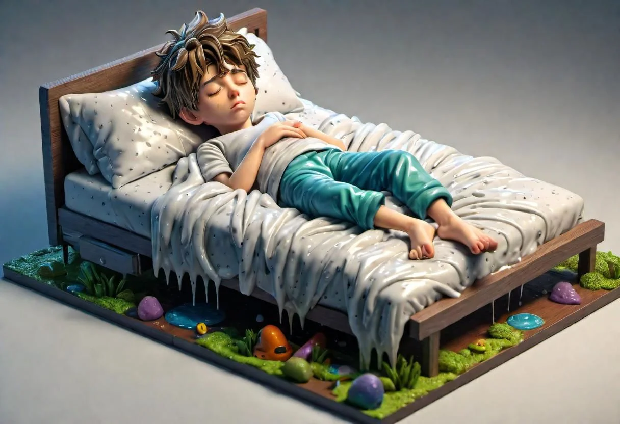 1boy, boy sleeping on slug bed, cutout of isometric bedroom, 3d art, boy sleeping in bed, slimy bed, slimy bedroom, concept art, behance, ray tracing, extremely detailed, ral-frozenslime, messy hair
