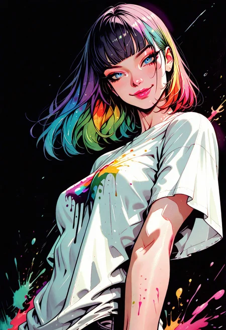 masterpiece, best quality, 32k, high resolution, absurdres, 1girl, solo, ((long hair)) , rainbow hair, colorfull hair, rainbow colors, blunt bangs, blue eyes, thick eyeliner and mascara, long eyelashes, pink lipstick, colorfull nails, slender body, medium breasts, HD32k, dynamic pose, aesthetic, perspective, solo, detailed eyes, sensual look, pinup pose, , side view, white t-shirt, oversized t-shirt, nipple peek, abstract blackground, black background, low angle view, little smile, color paint, paint splashes,