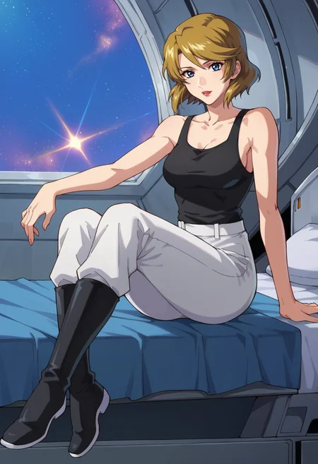 score_9,score_8_up,score_7_up,score_6_up,score_5_up,score_4_up,anime coloring,source_anime,<lora:Talia_Gladys_SEED_Destiny_Pony:0.7>,talia,1girl,solo,blue eyes,blonde hair,short hair,lipstick,tank top,white pants,black boots,sitting,indoors,spacecraft,bed,bed edge,space,looking_at_viewer,
