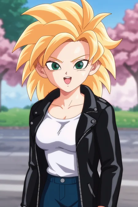source_anime, score_9, score_8_up, score_7_up, anime screencap, absurd res, official style,
gine, 1girl, solo, breasts, looking at viewer, blonde hair, long sleeves, arms by side, upper body, outdoors, blurry, green eyes, happy, blurry background, spiked hair, street, super saiyan, leather jacket, white shirt, smile, fingernails, eyelashes, collarbone
<lora:gine_pony_v4:0.8>