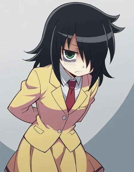 score_9, score_8_up, score_7_up, source_anime, <lora:tomoko-kuroki-s1-ponyxl-lora-nochekaiser:1>, tomoko kuroki, long hair, black hair, green eyes, hair over one eye, bags under eyes,, skirt, school uniform, necktie, blazer,, pagoda, tall, tiered, Asian, sacred, , hands behind back, bent over,, looking at viewer, solo,, dutch angle, cowboy shot