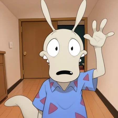masterpiece, best quality, amazing quality, r0ckor4ma, male, furry male, anthro, solo, beige fur, black eyes, black nose, short ears, teeth, tail, short, blue shirt, short sleeves, pattern shirt, orange shoes, standing, happy, smile, waving hi, looking at viewer, indoors, living room