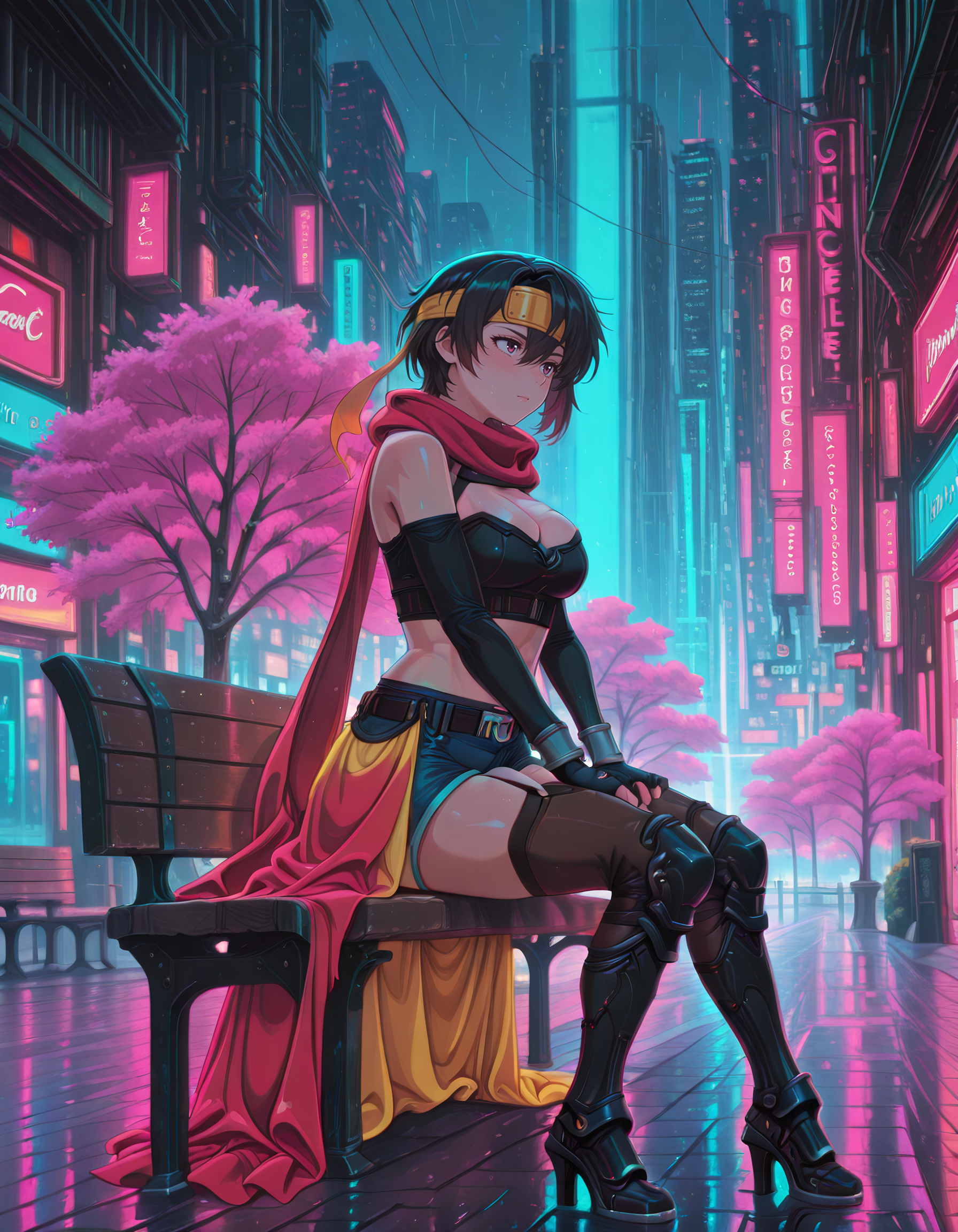 Smooth Quality <lora:bandana_IL:1> bandana, short hair, black hair, headband, hair between eyes, red eyes,  medium breasts, cleavage, red scarf, bare shoulders, detached sleeves, crop top, black gloves, fingerless gloves,  waist cape, blue shorts, short shorts, midriff, belt buckle, brown thighhighs, armor, armored boots, high heels, garter straps, 1girl, bench, cherry_blossoms, fence, from_behind, full_body, looking_at_viewer, on_bench, outdoors, parted_lips, sitting, solo, cyberpunk_cityscape, rain_reflections, pink_and_blue_lighting, holographic_billboards, grunge_texture, (pumpkinsinclair:1.2),, <lora:PinkieNeonAnimeIL:1> pinkneonanime, <lora:lightingSlider:-1> blue hour, addmicrodetails <lora:AddMicroDetails_Illustrious:0.6> <lora:SkindentationIL3.4_alpha16.0_rank32_full_400steps:3>