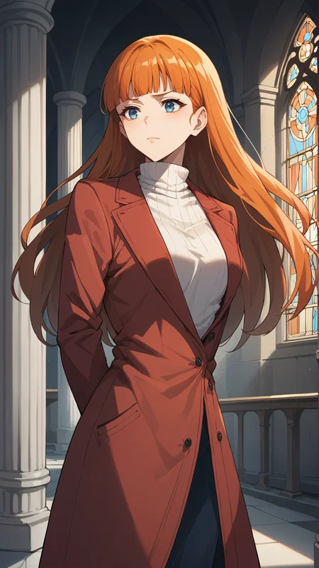 score_9,score_8_up,score_7_up,score_6_up, source_anime, zPDXL3, <lora:xl_more_art-full_v1:0.5>, girl, dynamic pose, arms behind her back, <lora:Joo-Hee Lee - Pony-000004:0.8>, long hair, orange hair, blunt bangs, blue eyes, long coat, red coat, white turtleneck, pillars, marble, church,