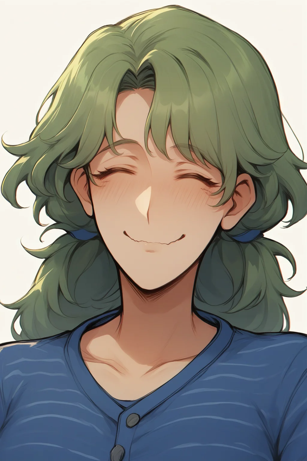 source_anime, score_9, score_8_up, solo, 1girl, <lora:NSCarolineStardew:1> NSCarolineStardew, green hair, low twintails, short hair, mature, blue shirt, stripes, wide smile, wavy mouth, happy