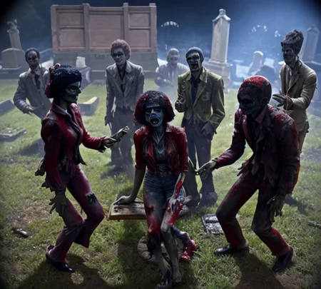 mjthriller zombies having a barbecue in the grave yard, intricate detail, detailed face, very sharp, high quality, (still from an action movie) <lora:hjmjthriller_v10-000003:0.8>