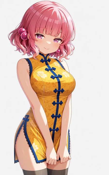 masterpiece,best quality,good quality,amazing quality,newest,4k,perfect lighting,cinematic,very aesthetic,official art,anime screencap,anime coloring,(white background,simple background:1.5),
1girl,solo,nitta moeka,purple eyes,pink hair,short hair,wavy hair,purple hair bobbles,
m_china,chinese clothes,china dress,yellow dress,sleeveless, side slit,black thighhighs,large breasts,
seductive smile, looking at viewer,facing viewer,standing,cowboy shot,dress tug,BREAK
<lora:ILmoeka2:1>