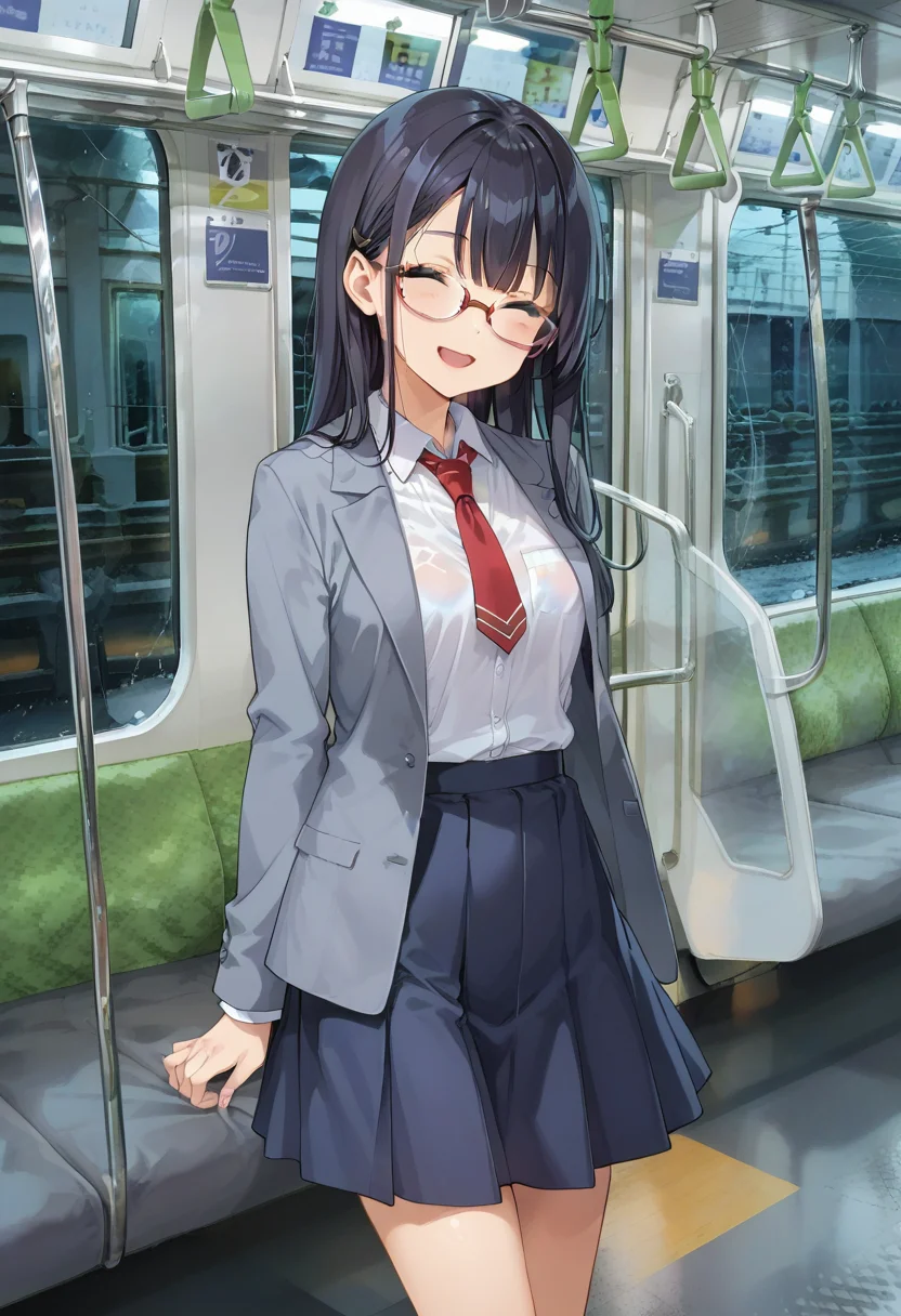 score_9, score_8_up, score_7_up, rating_safe, masterpiece, best quality, absurdres, unity 8k wallpaper, official art, official style, source_anime, game cg, megami magazine, glasses,
1girl, solo, glasses, black hair, long hair, blue eyes, collared shirt, red necktie, pleated skirt, blue skirt, standing, smile, closed eyes, open mouth, looking at viewer,
e235, seat, close-up, scenery, rain, window, train interior, night, indoors,
<lora:E235_PONY_V1:1>