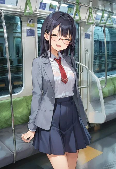 score_9, score_8_up, score_7_up, rating_safe, masterpiece, best quality, absurdres, unity 8k wallpaper, official art, official style, source_anime, game cg, megami magazine, glasses,
1girl, solo, glasses, black hair, long hair, blue eyes, collared shirt, red necktie, pleated skirt, blue skirt, standing, smile, closed eyes, open mouth, looking at viewer,
e235, seat, close-up, scenery, rain, window, train interior, night, indoors,
<lora:E235_PONY_V1:1>