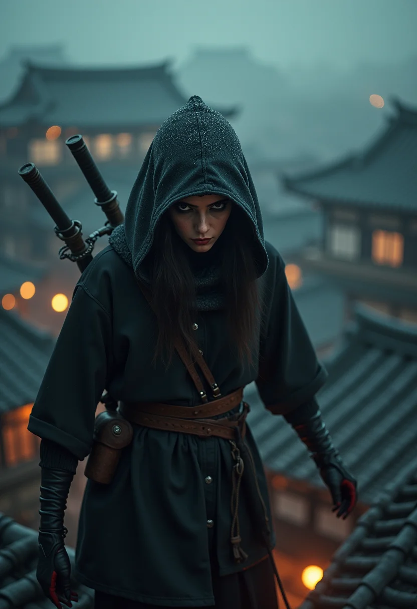 Detailed, masterpiece, professional, bold colors, awe inspiring, photography inspired by Jeremy Mann, 30mm shot, action scene, HDR, female ninja sneaking on rooftops of a feudal Japanese village, spooky atmosphere, dark makeup, stealthy