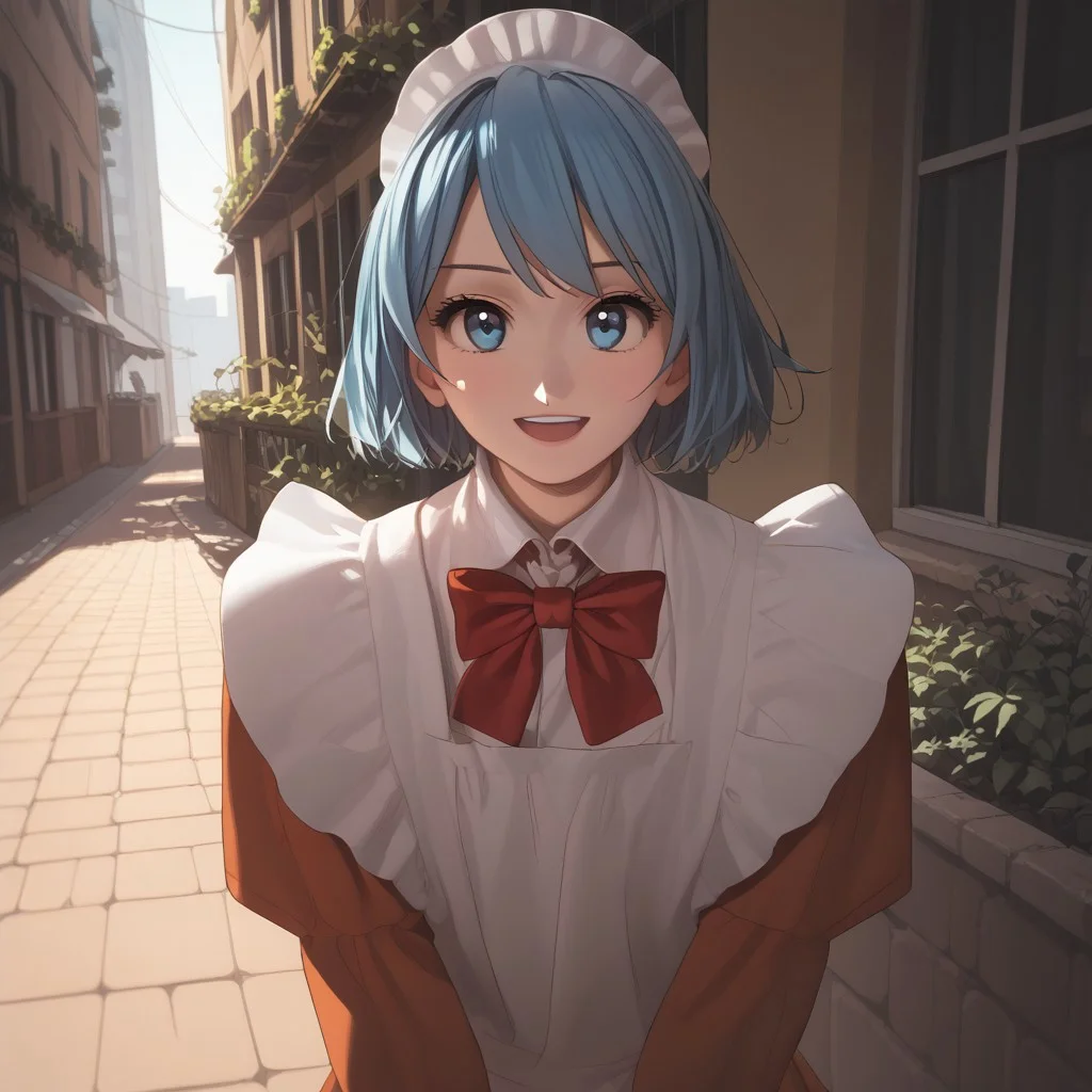 abbystea style, score_9, score_8_up, score_7_up, best quality, high detailed, BREAK
female, solo, long eyelashes, cute,
Chikoi the Maid, maid, white maids headband, blue hair, short hair, blue eyes, Red bow tie, orange maid suit
looking at you,
scenery porn, outdoors,
sunlight, high angle, face focus, background tokyo streets, saturated colors, smile, open mouth