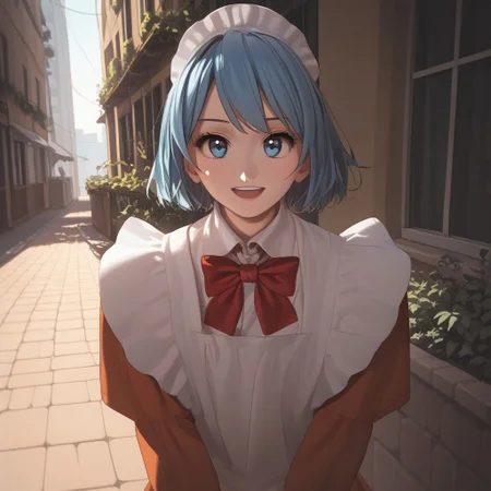 abbystea style, score_9, score_8_up, score_7_up, best quality, high detailed, BREAK
female, solo, long eyelashes, cute,
Chikoi the Maid, maid, white maids headband, blue hair, short hair, blue eyes, Red bow tie, orange maid suit
looking at you,
scenery porn, outdoors,
sunlight, high angle, face focus, background tokyo streets, saturated colors, smile, open mouth