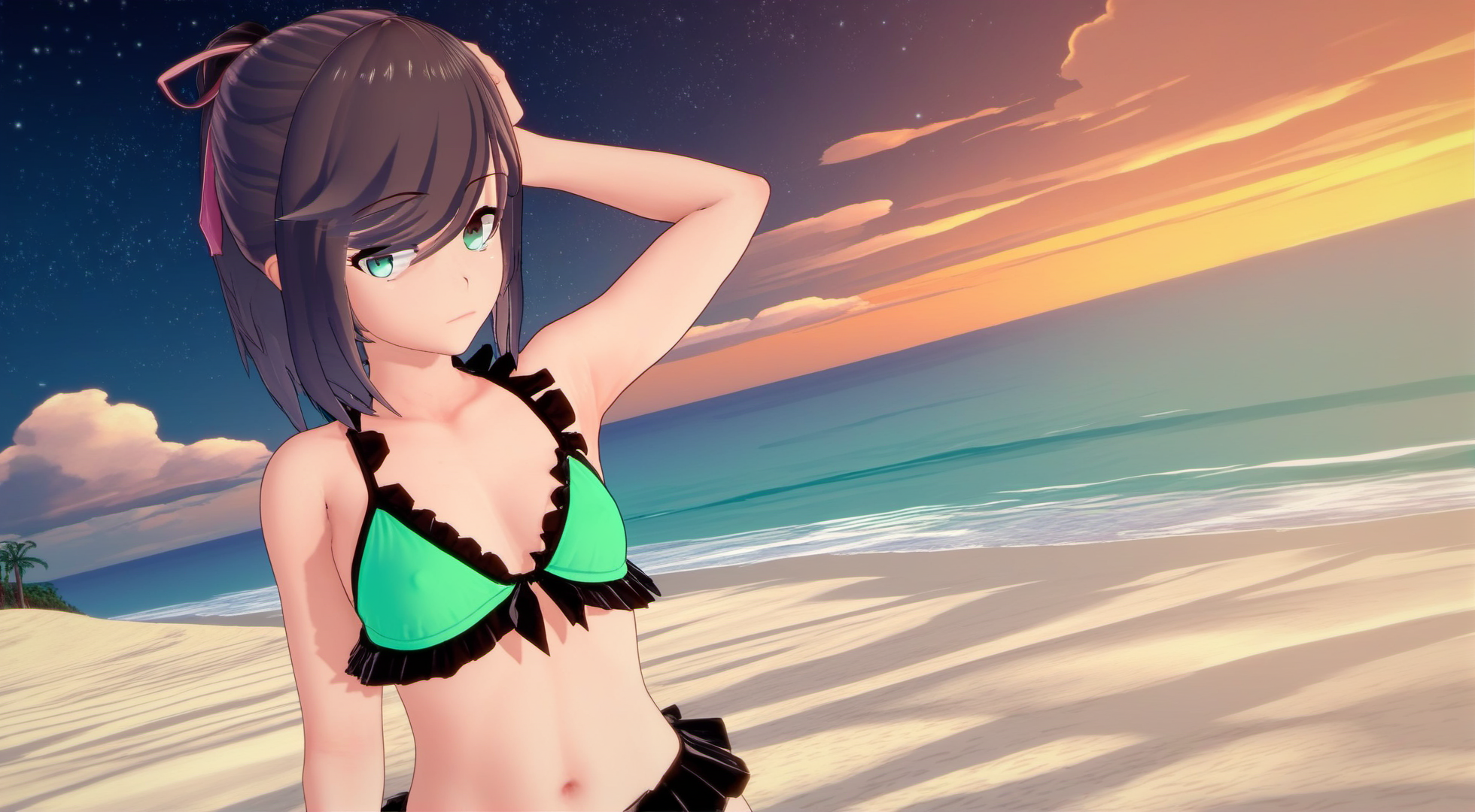 zPDXL, zPDXLxxx, score_9, score_8_up, score_7_up, score_6_up, score_5_up, score_4_up, BREAK  <lora:Maya_Makinami_from_LiL_for_PonyXL:0.8>, maya_6, 1girl, swimsuit, solo, bikini, ((sky)), ocean, star, night, beach, starry sky, outdoors, navel, black hair, looking at viewer, horizon, night sky, frills, small breasts, green bikini, frilled bikini, bikini skirt, cloud, breasts, ribbon, hair ribbon, front-tie top