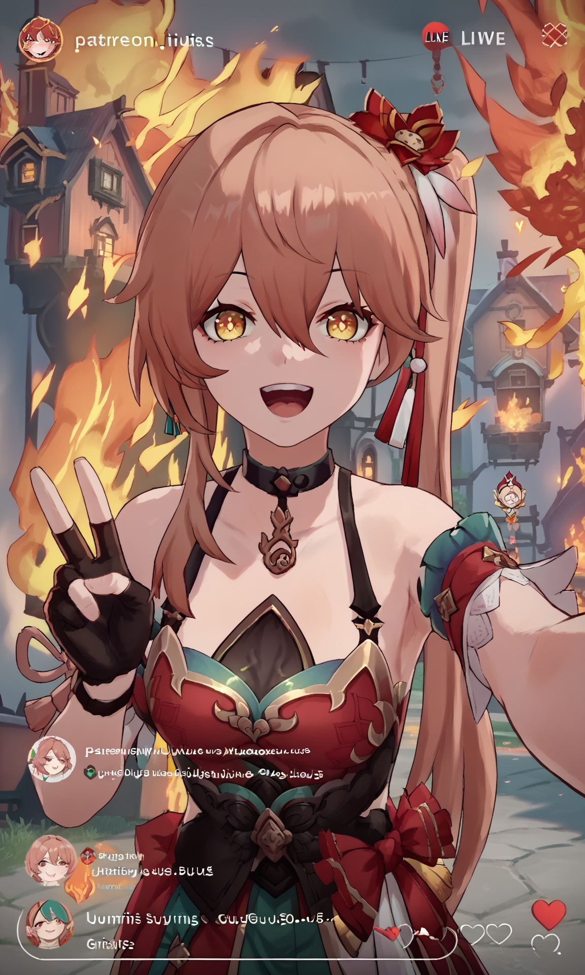 score_9, score_8_up, score_7_up, score_6_up, score_5_up, source_anime,
<lora:guinaifen.pony:1>, guinaifen, side ponytail, long hair, happy,
<lora:Livestream_LoRa__PonyXL:0.8>, livestream, user interface, selfie,
peace,
detailed background, town, fire, burning, house on fire, burning house, flames,