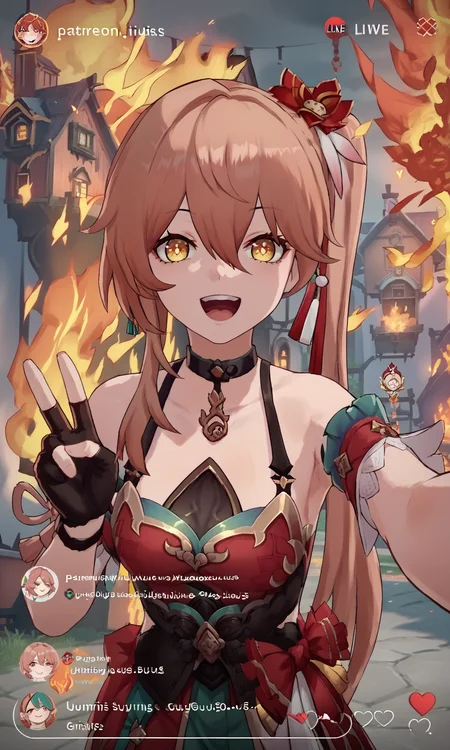 score_9, score_8_up, score_7_up, score_6_up, score_5_up, source_anime,
<lora:guinaifen.pony:1>, guinaifen, side ponytail, long hair, happy,
<lora:Livestream_LoRa__PonyXL:0.8>, livestream, user interface, selfie,
peace,
detailed background, town, fire, burning, house on fire, burning house, flames,
