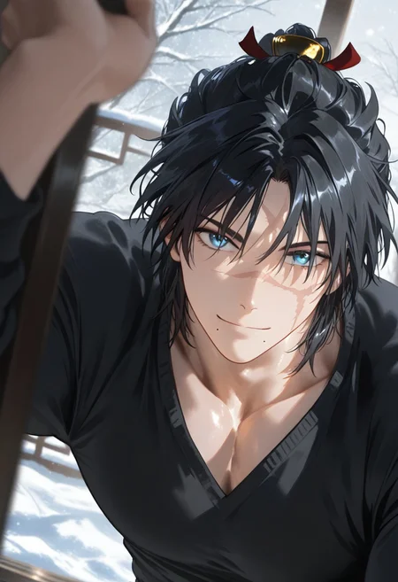 //General, masterpiece,best quality,amazing quality, source_anime, intricately detailed illustration, very aesthetic, absurdres, newest, anime coloring, subsurface scattering, , natural lighting, Expressiveh, detailed skin, shiny skin,aesthetics light, depth of field, vibrant colors,
//Fashion, black shirt, long sleeves, 
//Background, castle interior, indoors, snow background outside the window, 
//Others, 1boy, male focus, solo male, manly body, 
//Action, looking at viewer,  light smile, close up, upper body,
BREAK,
hakuryuu_ren, black hair, blue eyes, mole, mole under mouth, scar, hair ribbon, hair ornament