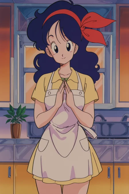 anime screencap, anime coloring, detailed face, perfect fingers, masterpiece, best quality, very aesthetic, absurdres, volumetric lighting,
inside, in a kitchen,
<lora:Launch_Good_and_Bad_forms_Dragon_Ball:1>
(1980s (style), retro artstyle:1.1),
Good Launch (character), 1girl, solo, apron, plant, yellow dress, blue hair, standing, red hairband, looking at the viewer, smile, blue eyes, cowboy shot