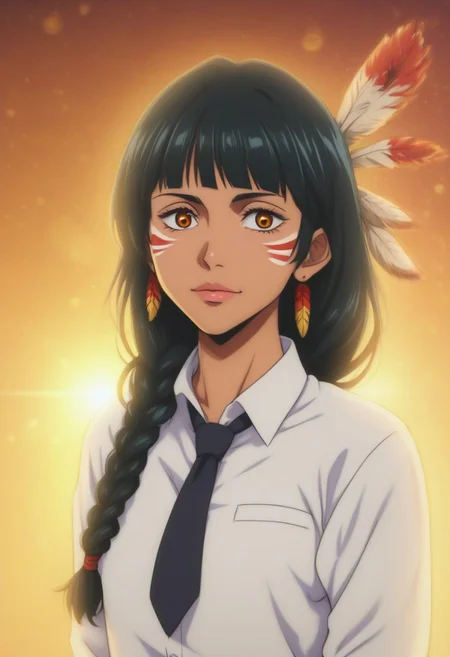 score_9, score_8_up, score_7_up, source_anime, intricate details, anime screencap, perfect balance, official art, extremely detailed CG unity 8k wallpaper, perfect lighting, Colorful, Warm_Front_face_Lighting, (masterpiece:1.0),(best_quality:1.0), ultra high res,4K,ultra-detailed, photography, 8K, HDR, highres, absurdres:1.2, Kodak portra 400, blurry background, bokeh, lens flare, (Anime) (vibrant_color:1.2), professional photograph, night, (cute_face:1.2), 2d, anime, upper body, intricate iris, American, Professional character design, 1girl, female focus, (Orange eyes), perfect eyes, (black-hair), Native American, Indigenous, American Indian, youthful, solo, jujutsu_kaisen_style, character portrait, (perfect-lighting), face, young, (Dark-black-hair), Long hair, (Native American), Indigenous, American Indian, (((wild eyes))), (Native North American), (Upturned eyes), (high cheekbones), (strong jawline), (Black Hair), ((((Native-American-Eagle-feather-braids, Native American Eagle feather accessories)))), (((wild eyes))) ((Bobbed Bangs)) (((Slanted-Eyes))) (Psycho) (Happy) (Friendly) (Goofy) (White Dress Shirt), (Warpaint), (Redwood Forest, Pacific Northwest Forests), (Inuit), (Tan skin), (Dark Skin), (Brown skin), (bobbed hair), White Eagle-Feather-Earrings, Thick Bangs, Bobbed hair, Bob-cut, White-Feather-Earrings, Brown-skin, Inuit Face-paint, Full-Bangs, Wide-Bangs, Thick-Hair, Native Face-paint, White dress shirt, Native American Jacket, Necktie