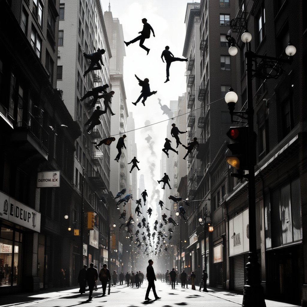 <lora:lora-DuoTone, Bleaked White_trained:1>DuoTone, Bleaked White, a cityscape twisted into itself, where every citizen walks calmly on the ceilings of buildings, their feet never touching the ground. Streetlights hang upward, casting shadows where no people should be. Only one man walks normally, his feet pressing against the sidewalk. He looks upâand sees another version of himself looking down.