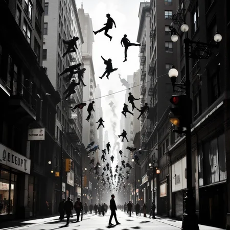 <lora:lora-DuoTone, Bleaked White_trained:1>DuoTone, Bleaked White, a cityscape twisted into itself, where every citizen walks calmly on the ceilings of buildings, their feet never touching the ground. Streetlights hang upward, casting shadows where no people should be. Only one man walks normally, his feet pressing against the sidewalk. He looks upâand sees another version of himself looking down.